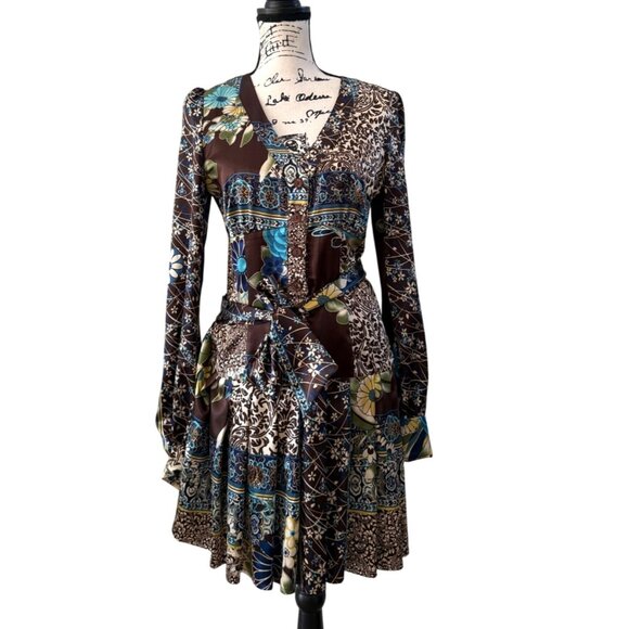 Blu Studio Womens Dress Italian Patchwork Floral Long Sleeve Satin Boho Size S - Picture 1 of 6
